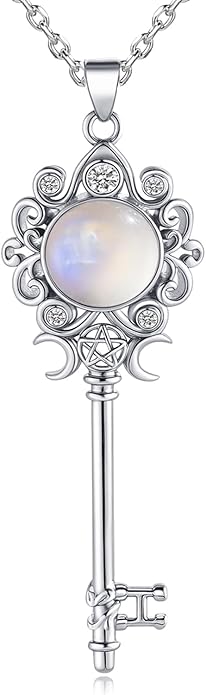 Natural Moonstone Crystal Key Necklace for Women, Retro Triple Moon Key Healing Crystal Wiccan Pagan Jewelry Gift