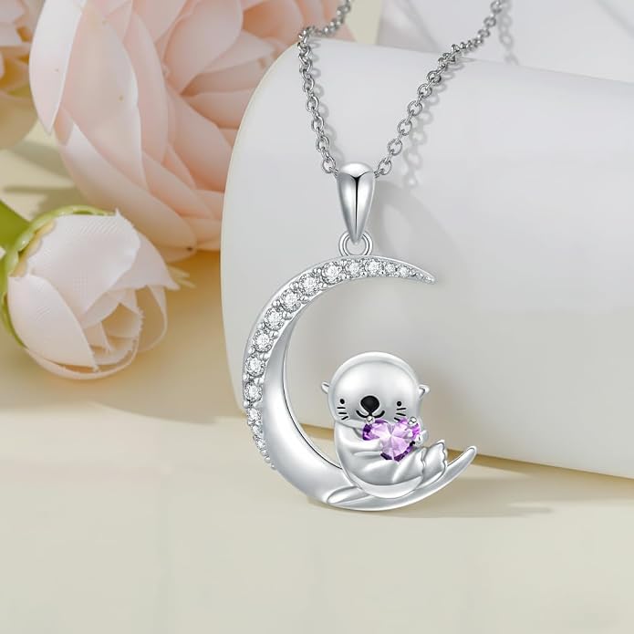 PROESS Animal Birthstone Necklace 925 Sterling Silver Otter/Axolotl/Hippo/Elephant/Dachshund/Monkey/Red Panda Pendant Necklace Animal Birthstone Jewelry Gifts for Women