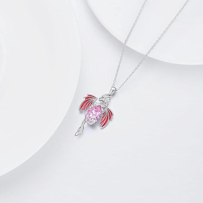 Dragon Necklace for Men Sterling Silver Birthstone Wyvern Necklace Embllished with Teardrop Shaped Crystal Jewelry for Women