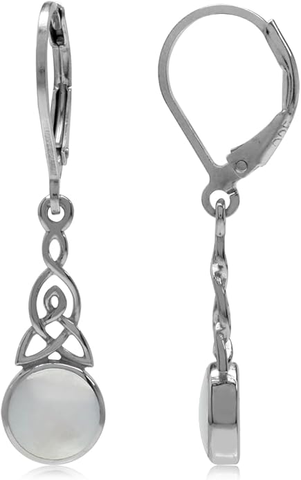 Silvershake 6MM Round Shape Inlay White Gold Plated or Yellow Gold Plated 925 Sterling Silver Triquetra Celtic Knot Dangle Leverback or Hook Earrings Jewelry for Women