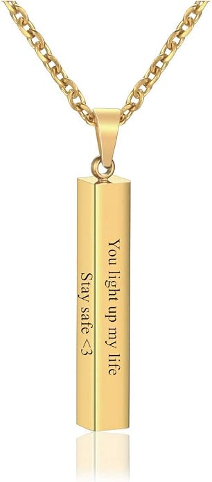 Zysta Engraving 3D Bar Name Necklace Personalized Text Message Cool Simple Design Women Customized Dangle Vertical Cuboid Stick Pendant Necklaces Stainless Steel Birthday Gift