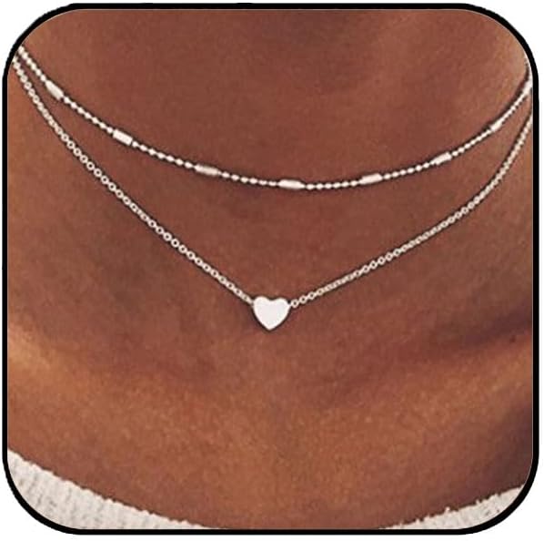 Aluinn Cute Heart Silver Choker Necklace for Women 18K Silver Layered Love Pendant Necklace Dainty Small Silver Necklace Gift Stocking Stuffers for Women Everyday Wear