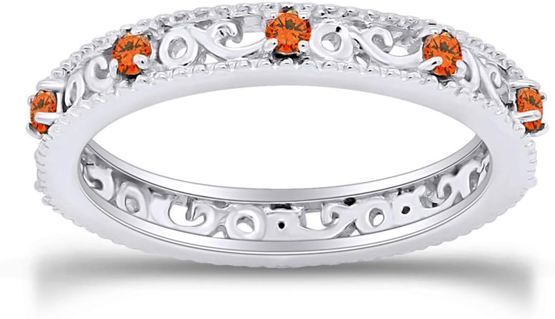 Jewel Zone US Filigree Eternity Wedding Band Ring for Women, Round Cut Simulated Gemstone Stackable Promise Ring in 14K Gold Plated 925 Sterling Silver Band Width 3.5mm – Elegant Jewelry for Her
