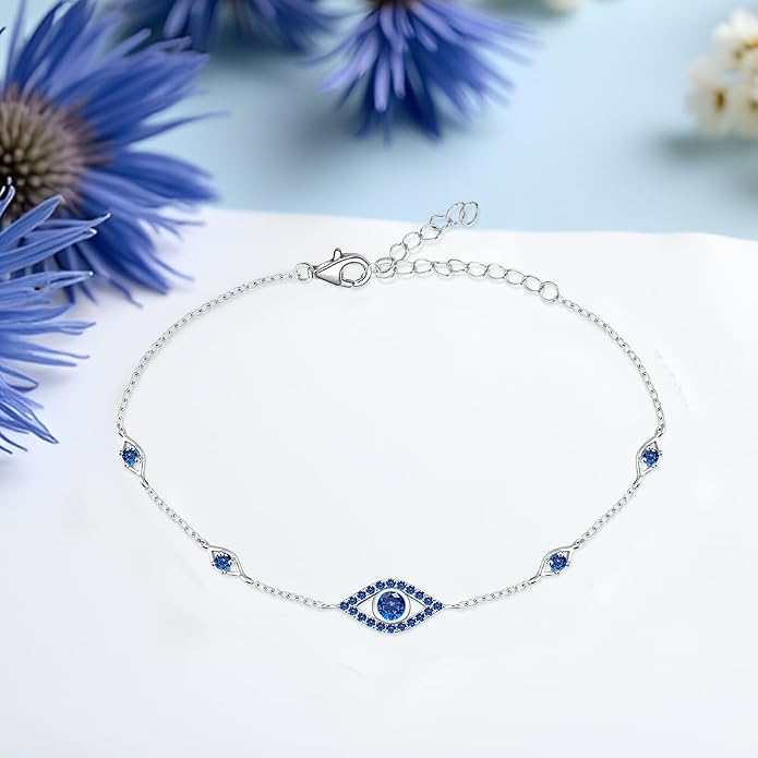 Blue Evil Eyes Link Bracelet, Evil Eye Earrings, S925 Sterling Silver Dainty Cubic Zirconia Adjustable Link Lobster Claw Clasp Chain Jewelry