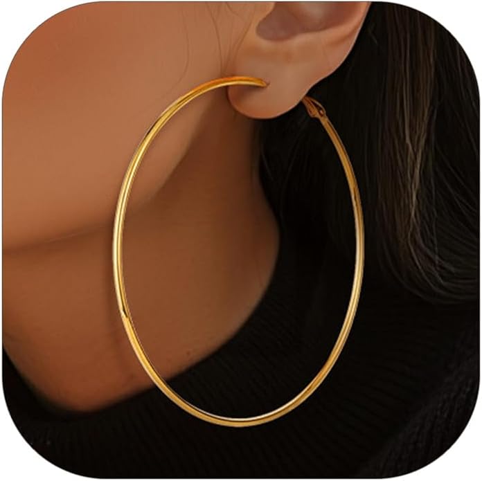 KeyStyle Gold Hoop Earrings for Women, Stainless Steel Hoops Earring Lightweight Loops, 2 mm Thick Hypoallergenic Circle Endless Thin Hoop (20/30/40/50/60/70/80/90/mm)