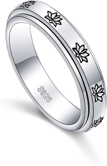 Alphm S925 Sterling Silver Spinner Fidget Anxiety Worry Relieving Boredom ADHD Autism Band Rings