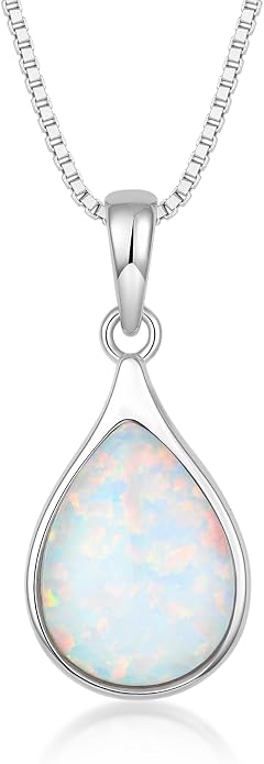 Teardrop Opal Necklace for Women - 925 Sterling Silver October Birthstone Pendant Necklace, Dainty Pear Shape Gemstone Jewelry Gif for Her, Adjustable Box Chain
