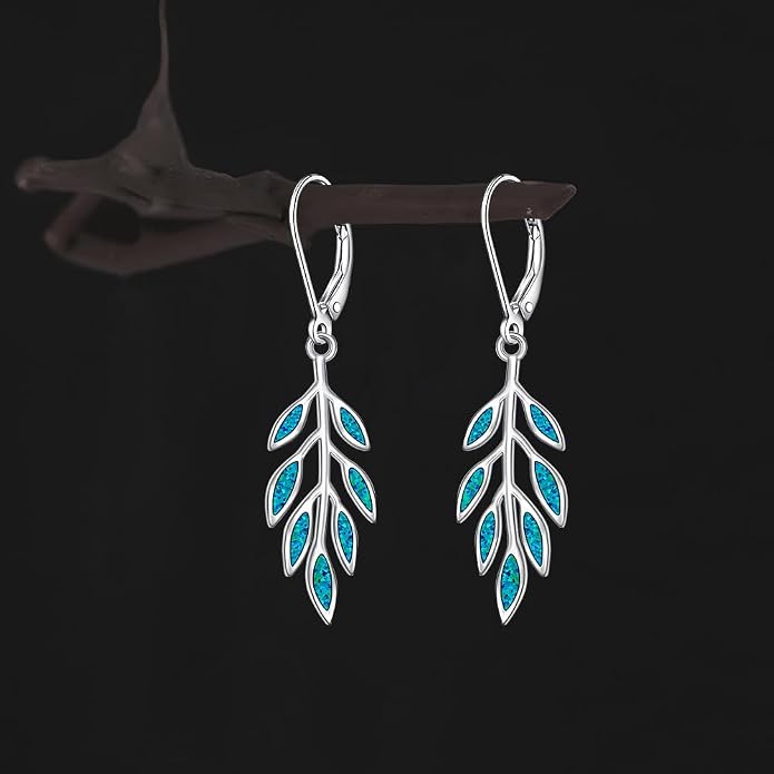 Leaf Earrings for Women Sterling Silver Opal Dangle Earrings Nature Green Blue Opal Drop Leaf Abalone Shell Jewelry Gifts