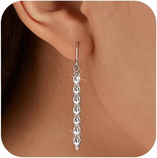 925 Sterling Silver Tassel Chain Dangle Earrings for Women Sparkling Long Fringe Dangle Drop Earrings Bling Line Minimalist Wedding Studs Earring Jewelry Birthday Christmas Gifts for Her