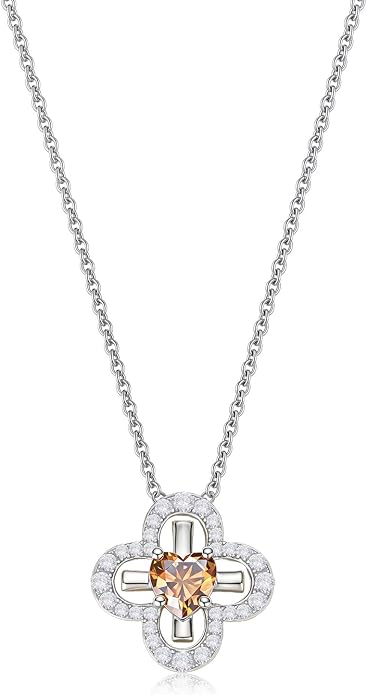 Four Leaf Clover Heart Birthstone Necklace, S925 Sterling Silver Clover Pendant, Dainty Lucky Charm Jewelry Birthday Gift for Her, 18"+2" Adjustable