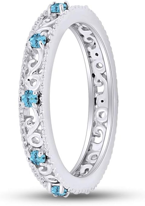 Jewel Zone US Filigree Eternity Wedding Band Ring for Women, Round Cut Simulated Gemstone Stackable Promise Ring in 14K Gold Plated 925 Sterling Silver Band Width 3.5mm – Elegant Jewelry for Her