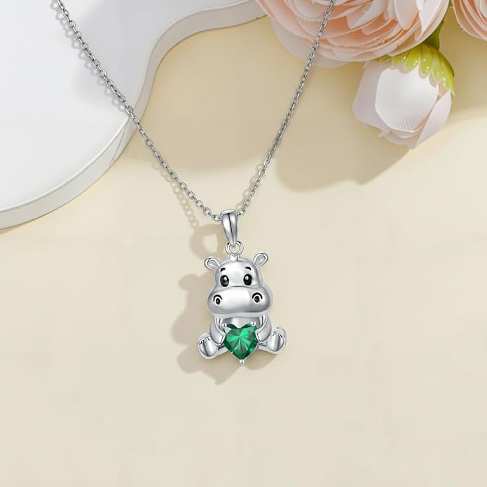 PROESS Animal Birthstone Necklace 925 Sterling Silver Otter/Axolotl/Hippo/Elephant/Dachshund/Monkey/Red Panda Pendant Necklace Animal Birthstone Jewelry Gifts for Women