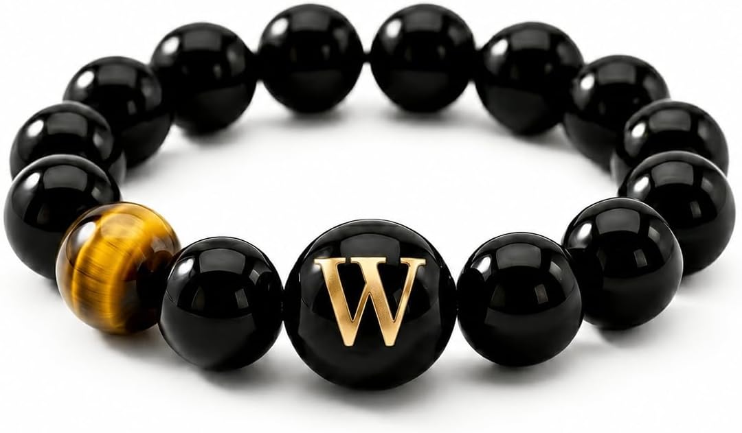 Initial Ring for Women, Black Onyx Beaded Stretch Letter Ring | Personalized-style A-Z initial ring with black onyx beads, shell letter bead, stretch fit, and gift-ready box