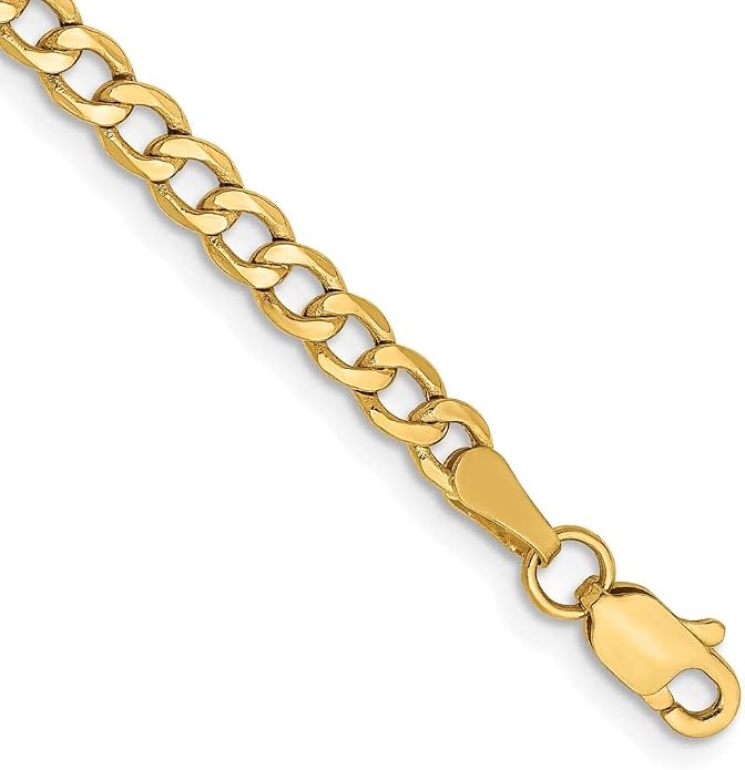14K Yellow Gold 3.35mm Semi-Solid Curb Chain Anklet 9" to 10"