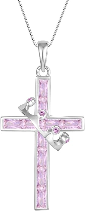Gemstone Crown Cross Necklaces for Women, 925 Sterling Silver Rectangular cut Zircon Pendant With Rotated Crown Faith Cross Jewelry Gift