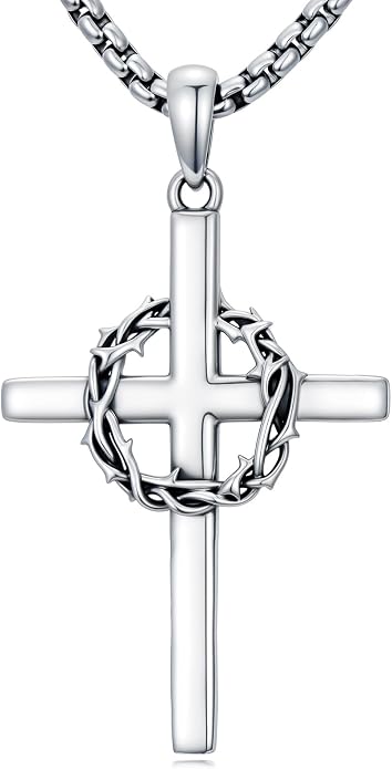 Crown of Thorns Necklace for Men 925 Sterling Silver Nail Cross Necklace Pendant Religious Christian Jewelry Valentines Day Gifts for Men