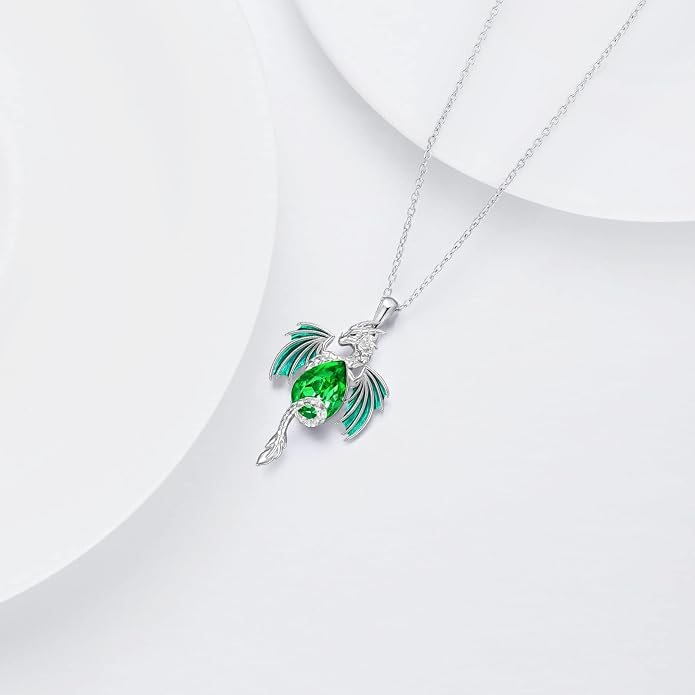 Dragon Necklace for Men Sterling Silver Birthstone Wyvern Necklace Embllished with Teardrop Shaped Crystal Jewelry for Women