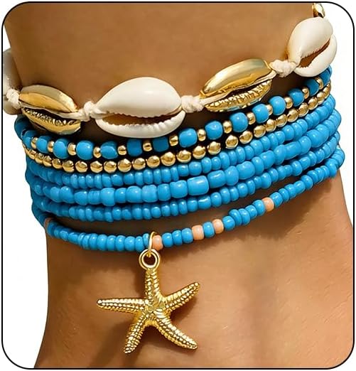 7 Pack Boho Beaded Shell Anklet Bracelets for Women Colorful Stretch Cowrie Seashell Starfish Ankle Bracelet Stack Adjustable Summer Beach Accessories Cute Hawaiian Jewelry