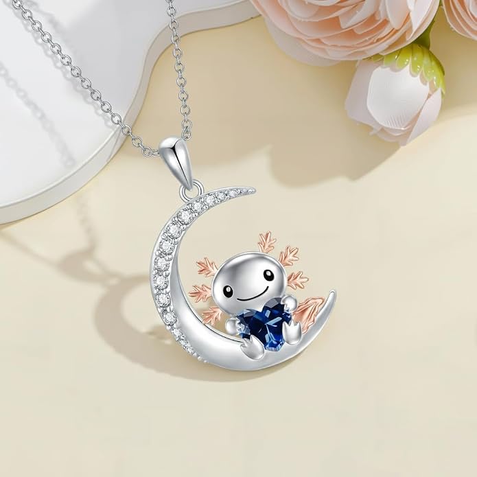 PROESS Animal Birthstone Necklace 925 Sterling Silver Otter/Axolotl/Hippo/Elephant/Dachshund/Monkey/Red Panda Pendant Necklace Animal Birthstone Jewelry Gifts for Women