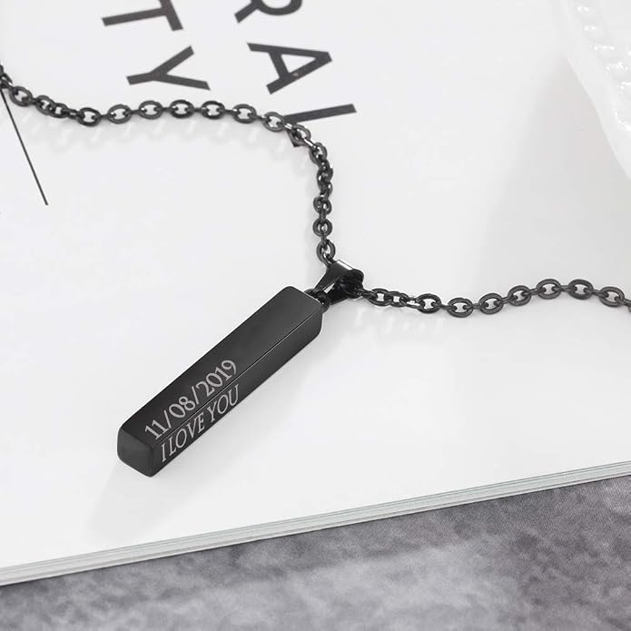 4 Sided Bar Necklace Personalized, Handmade Sterling Silver 3D Vertical Engraved Name Necklace Coordinate Jewelry Christmas Anniversary Gifts for Men, Women