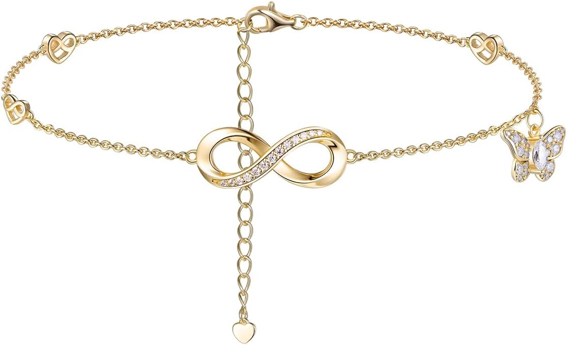 Moissanite Infinity Anklet for Women, Real Authentic 925 Sterling Silver Hypoallergenic, Beautiful Summer Jewelry, Dainty Ankle Bracelet, 8.6-10.6inch (21-26cm) Adjustable