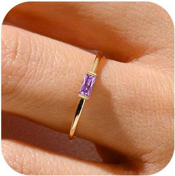 RLMOON Birthstone Rings for Women Non Tarnish Gold Stackable Rings Dainty 14K Gold/Silver Plated Baguette CZ Emerald Green Pinky Ring Personalized Jewelry Gift for Birthday Size 4-10