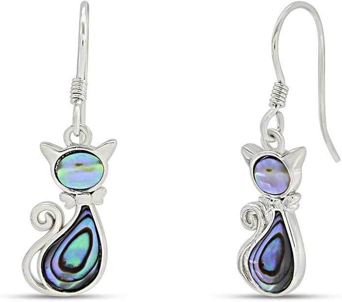Abalone Shell Animal Dangle Earrings for Women (Kiwi Bird, Cat, Seahorse) in 14K White Gold Over 925 Sterling Silver, Iridescent Fishhook Drop Jewelry Gift
