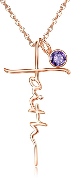 PRAYMOS Faith Cross Necklace for Women 925 Sterling Silver Pendant Necklace With Birthstone Initial Christian Religious Confirmation Baptism Mothers Day Gifts