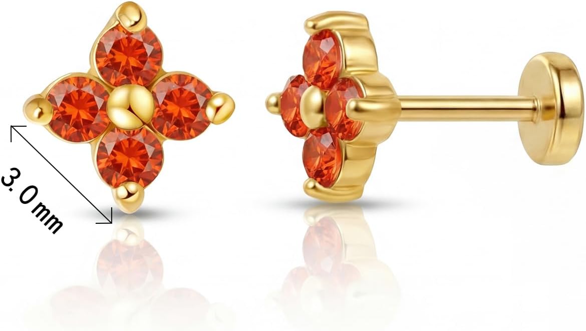 FANSING Short Threadless Cartilage Earring Stackable CZ Birthstone Flat Back Earrings for Women Small Stud Earrings for Tragus Helix Earlobe 18K Gold Plated ‌Rainbow 5.0mm