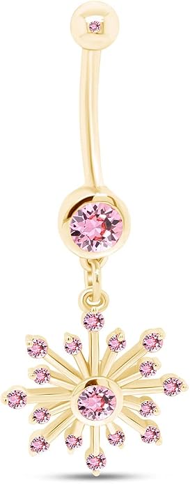 AFFY Snowflake Belly Button Ring for Women Simulated Birthstone, Round Cut Gemstone in 14K Gold Over 925 Sterling Silver, Navel Barbell Piercing Jewelry for Her
