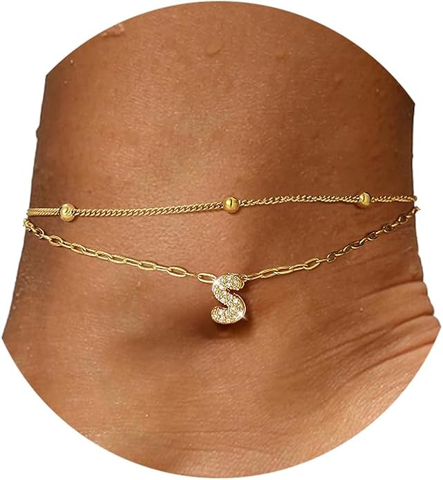FindChic Silver/14K Gold Plated Layered CZ Initial Ankle Bracelet for Women | Waterproof Stainless Steel, Cubic Zirconia Letter Charm, Non-Tarnish, Hypoallergenic, Adjustable Extender, Summer Jewelry