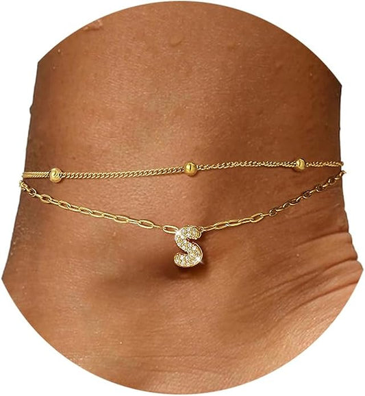 FindChic Silver/14K Gold Plated Layered CZ Initial Ankle Bracelet for Women | Waterproof Stainless Steel, Cubic Zirconia Letter Charm, Non-Tarnish, Hypoallergenic, Adjustable Extender, Summer Jewelry