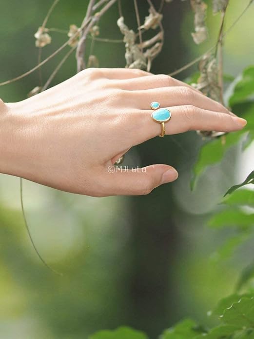 MJLULU Bold 14K Gold-Plated Statement Ring with Eye-Catching Simulated Blue Turquoise - Hypoallergenic & Lightweight, Exuding Boho Elegance - Simple Minimalist Jewelry