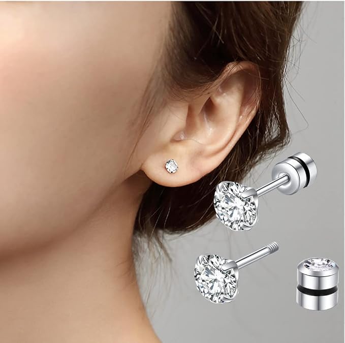 10 Pairs 20 Stainless Steel Ear Stud Piercing Barbell Screw Back Studs Earrings Cubic Zirconia Double Sided Cartilage Earring