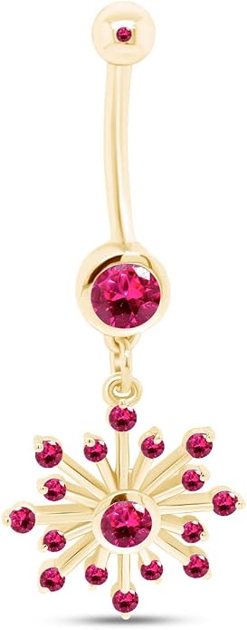 AFFY Snowflake Belly Button Ring for Women Simulated Birthstone, Round Cut Gemstone in 14K Gold Over 925 Sterling Silver, Navel Barbell Piercing Jewelry for Her