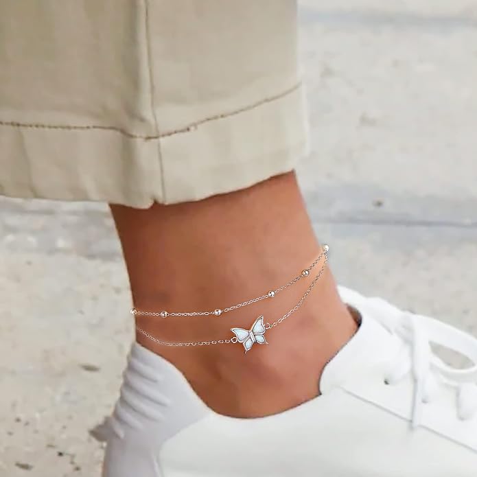 Flyow Anklet for Women S925 Sterling Silver Adjustable Foot Beaded Heart Charm Ankle Bracelet Anklets Jewelry