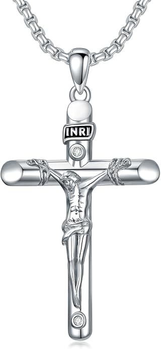 KXJ S925 Sterling Silver Black Cross/Best Dad/Baseball Bat/Silver Cross/Ankh Cross/Crucifix with 22+2 Inches Stainless Steel Rolo Chain Cross Necklace for Men Women Christian Religious Jewelry Gifts