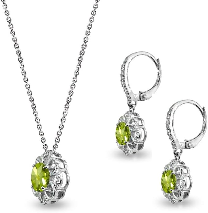 B. BRILLIANT Sterling Silver Genuine or Synthetic Gemstone 6mm Round-Cut Flower Dainty Slide Necklace & Leverback Earrings Set
