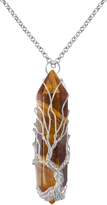 VIBILIA Healing Crystal Necklace Tree of Life Wire Wrapped Natural Stone Point Pendant Necklace Hexagonal Reiki Spiritual Quartz Gemstone Jewelry for Women Men