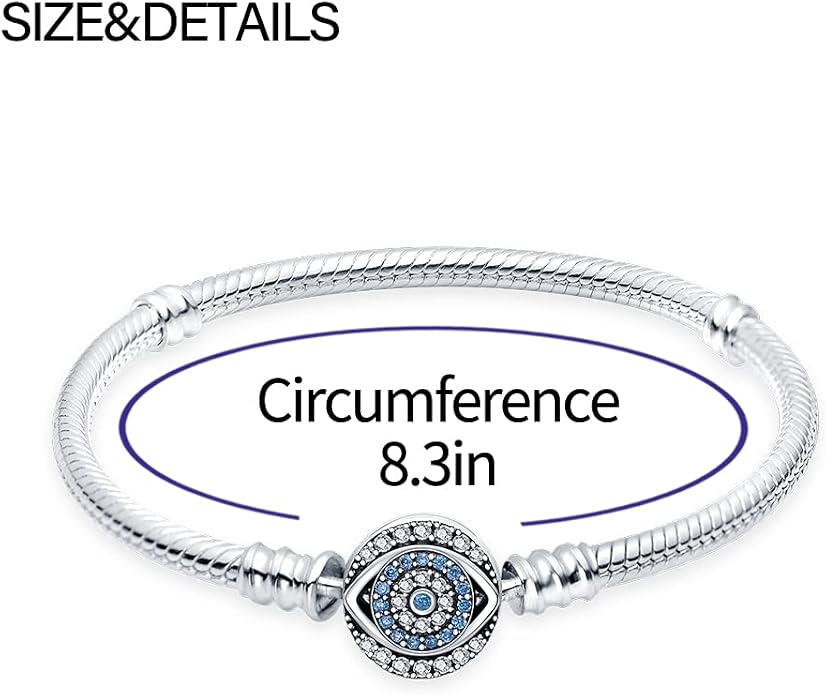 KUNSIR 925 Sterling Silver Snake Chain Bracelet Blue Evil Eyes with 5A Cubic Zirconia Bracelets for Women Teen