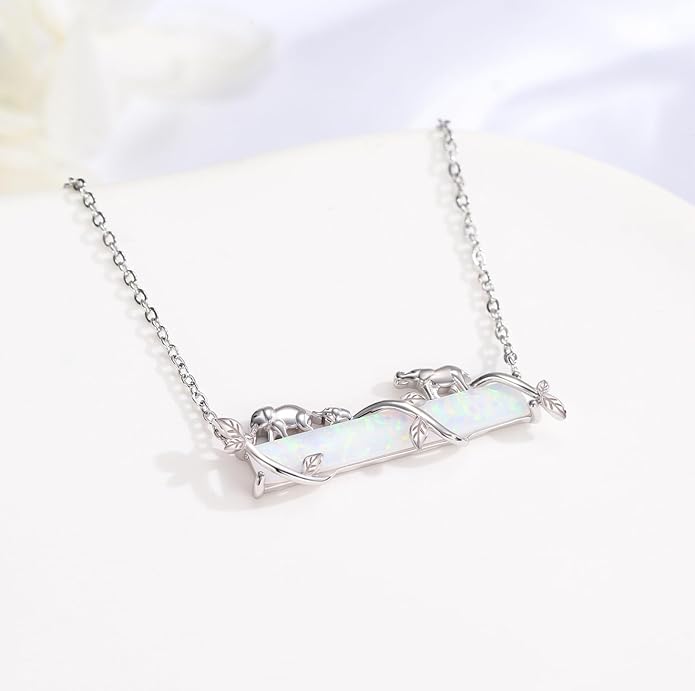 Bar Opal Leaf Necklace For Women S925 Sterling Silver White Opal Pendant with Leaf Charm Bar Pendant Jewelry Gift For Mom Daughter Wife