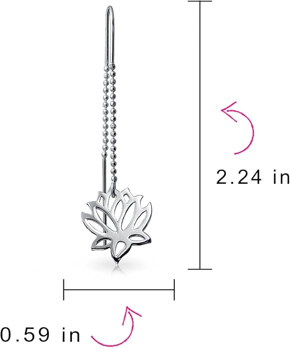 Bling Jewelry Spiritual Zen Lotus Flower Earrings .925 Sterling Silver Long Chain Threader Stabilizing U Hook