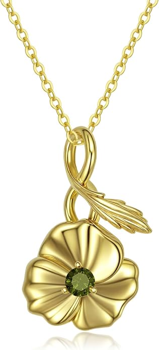 Birth Flower Birthstone Necklace for Women: Solid 925 Sterling Silver 14K Gold Plated Hypoallergenic Non-tarnish, Birth Month Flower Necklace Personalized Birthday Gifts for Wife Girlfriend Daughter