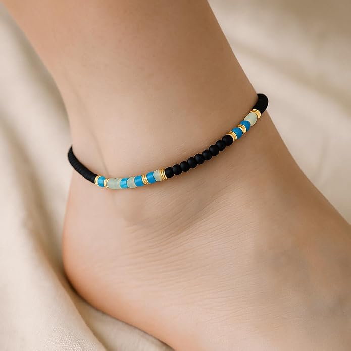 Anklets for Women, Handmade Colorful Beaded Adjustable Gemstone Anklet, Colorful Small Beads Hippie Foot Jewelry, Ankle Bracelet, Boho Style Waterproof, Gift Set with Box & Ribbon