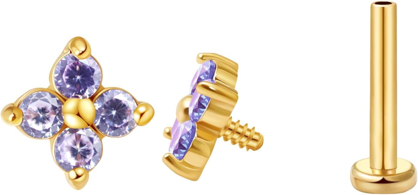 FANSING CZ Flower Internally Threaded Flat Back Earring Labret Stud for Cartilage Tragus Helix Conch