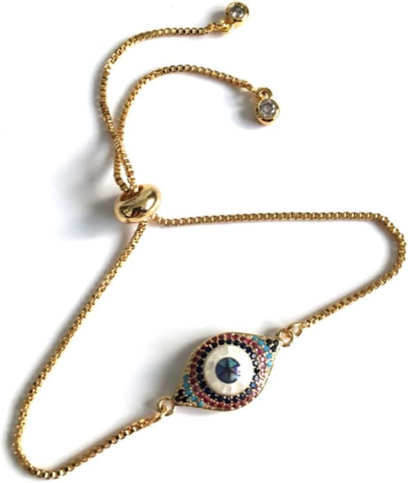 SIFRIMANIA Evil Eye Adjustable Sliding Bead Shiny Bracelet Lucky Charms Jewelry for Women of All Ages