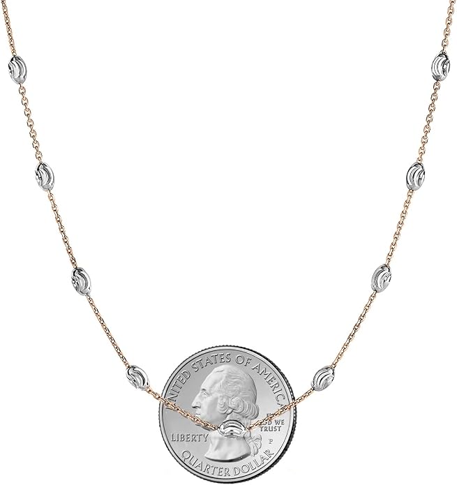 Savlano 18K Gold Plated Over 925 Sterling Silver Station Oval Moon Bead Necklace Chain For Women. Silver, Gold, Rose Gold - Made in Italy Comes With a Gift Box