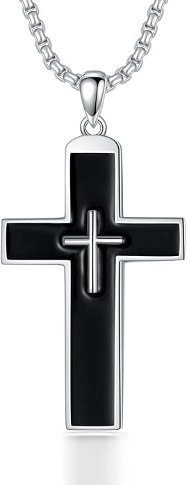 KXJ S925 Sterling Silver Black Cross/Best Dad/Baseball Bat/Silver Cross/Ankh Cross/Crucifix with 22+2 Inches Stainless Steel Rolo Chain Cross Necklace for Men Women Christian Religious Jewelry Gifts