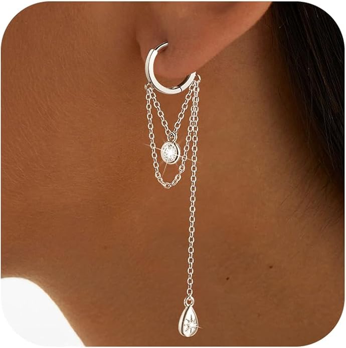 CZ Chain Hoop Dangle Earrings for Women S925 Sterling Silver Cubic Zirconia Dangling Earrings Chain Tassel Drop Earring Hoop Earring Huggies Fashion Wedding Jewelry Gifts