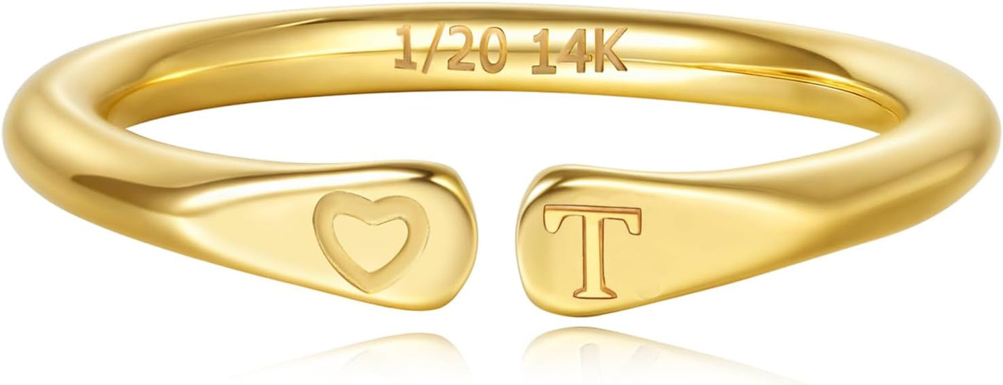 14k Gold Filled Hand Carving Initial Rings for Women Non Tarnish Wedding Heart Shaped Bands for Women